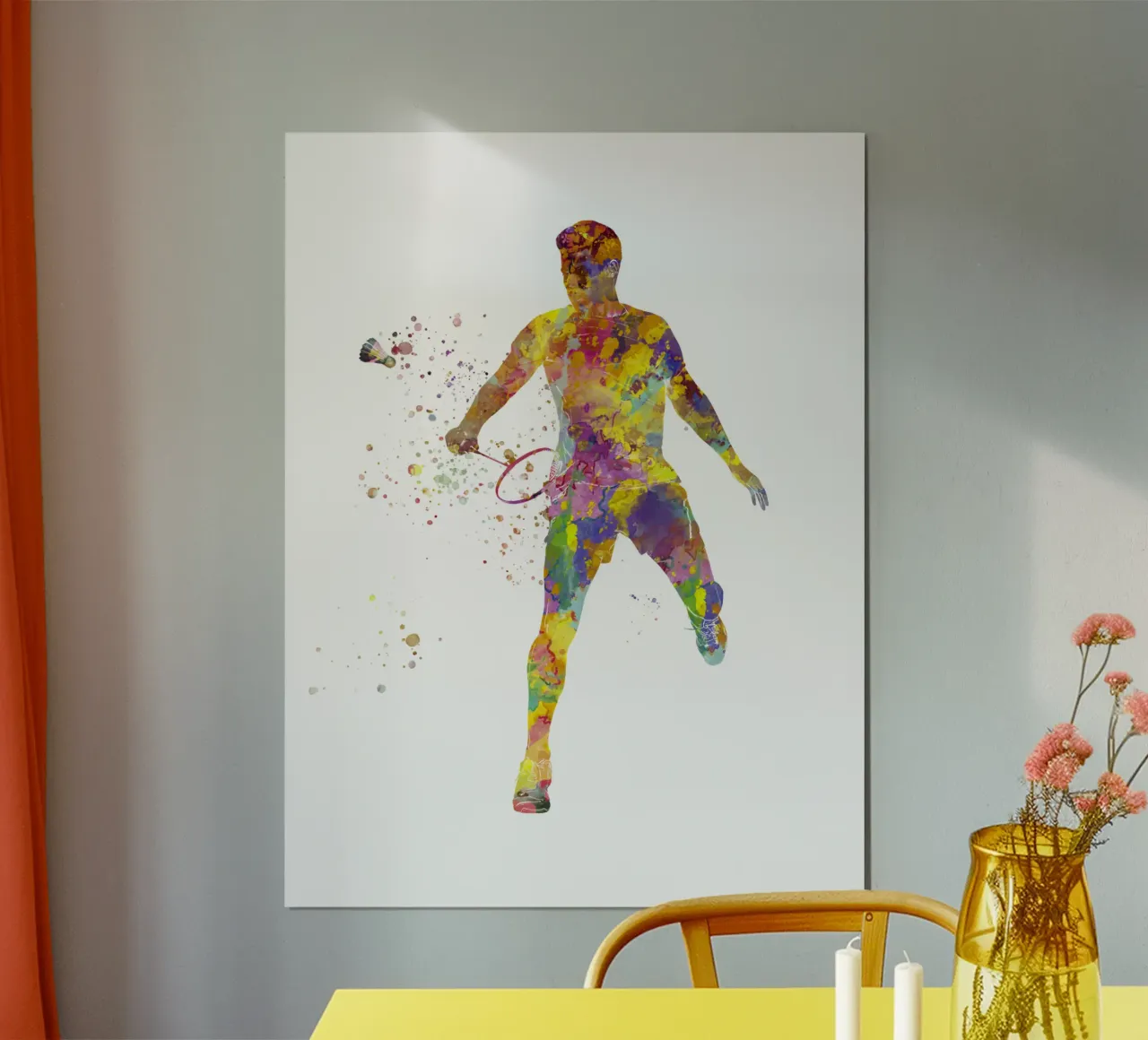 Giocatore di badminton in acquerello poster con telaio in legno da ⚽ Sports Pulse