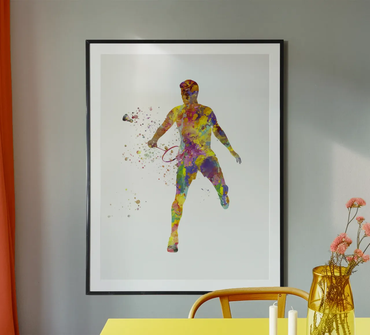 Giocatore di badminton in acquerello poster con telaio in legno da ⚽ Sports Pulse