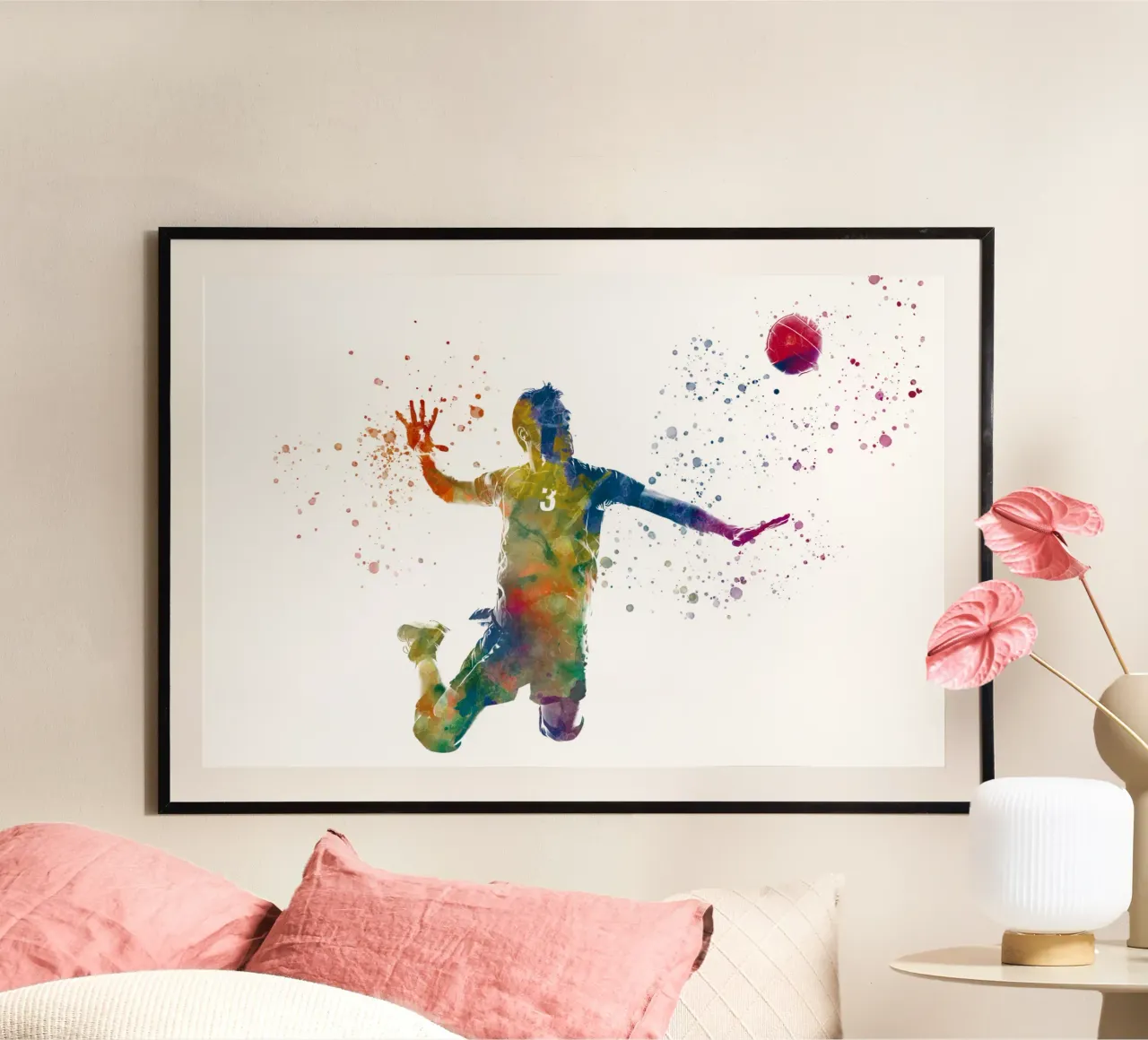 Giocatore di pallavolo in acquerello poster con telaio in alluminio da ⚽ Sports Pulse