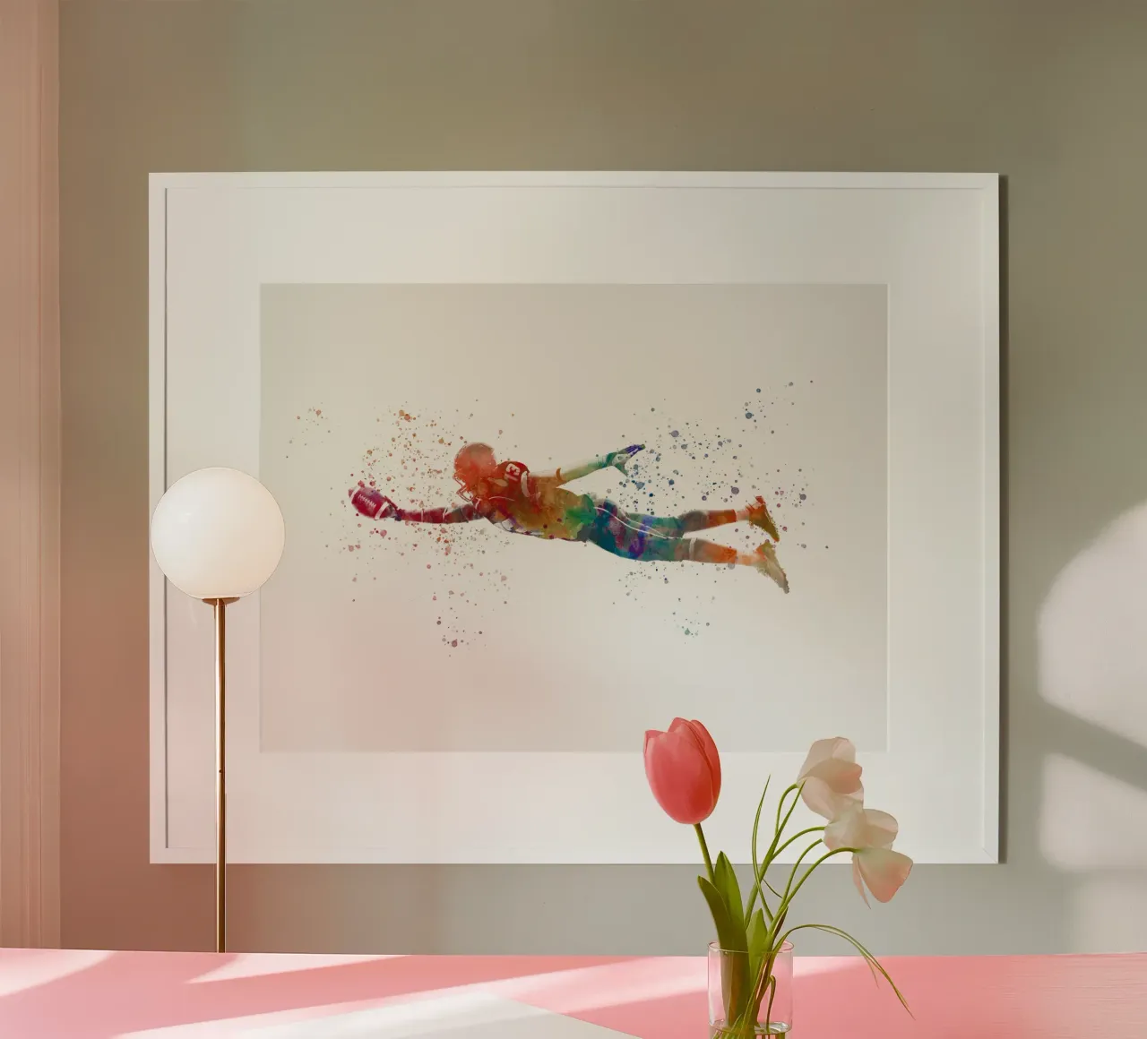 Giocatore di football americano in acquerello poster con telaio in legno da ⚽ Sports Pulse