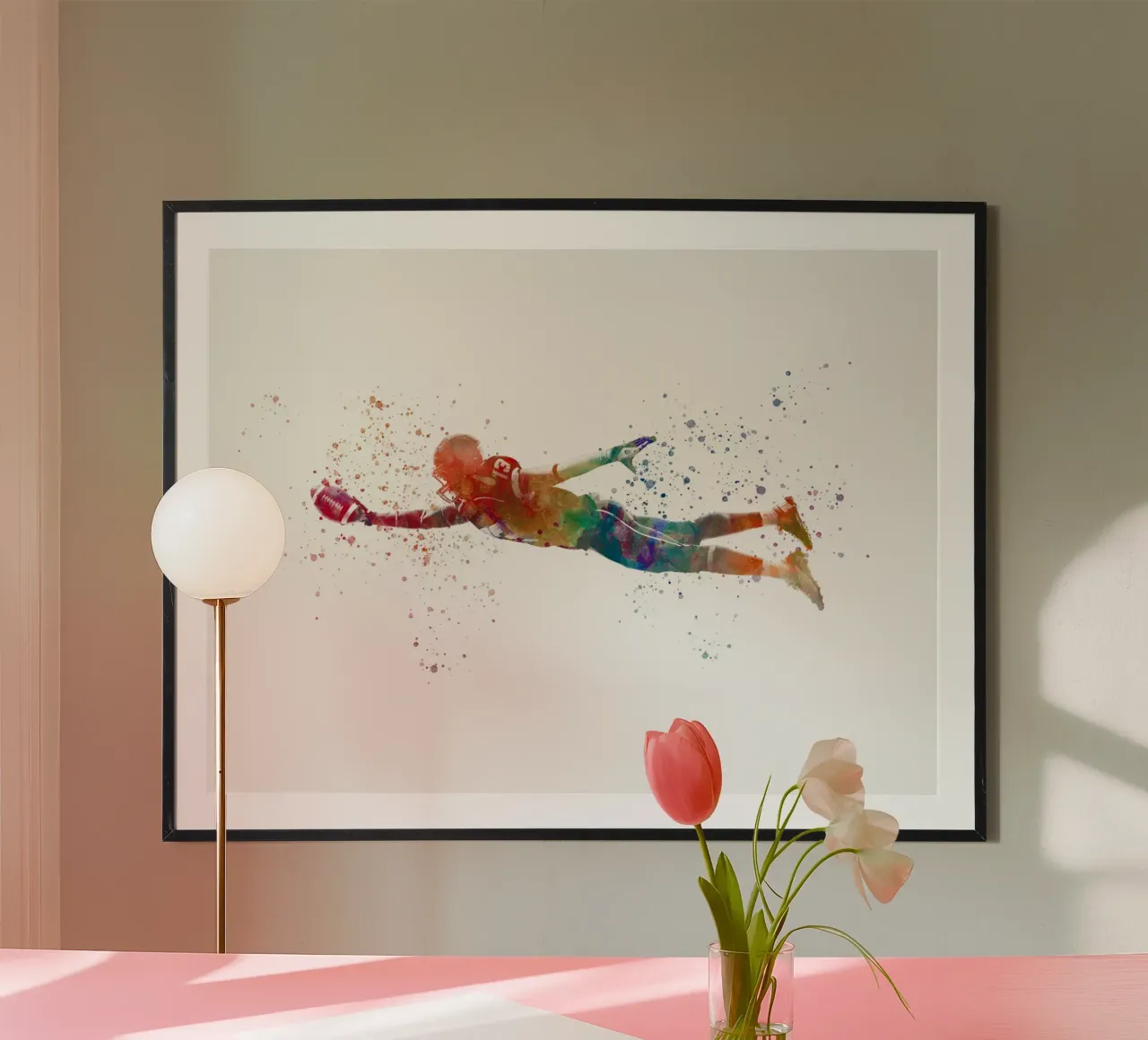 Giocatore di football americano in acquerello poster con telaio in legno da ⚽ Sports Pulse
