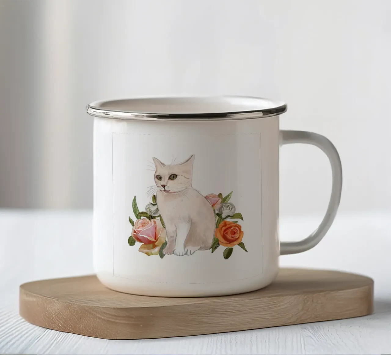 Gatto bianco con rose tazza in smalto da gulsengunel