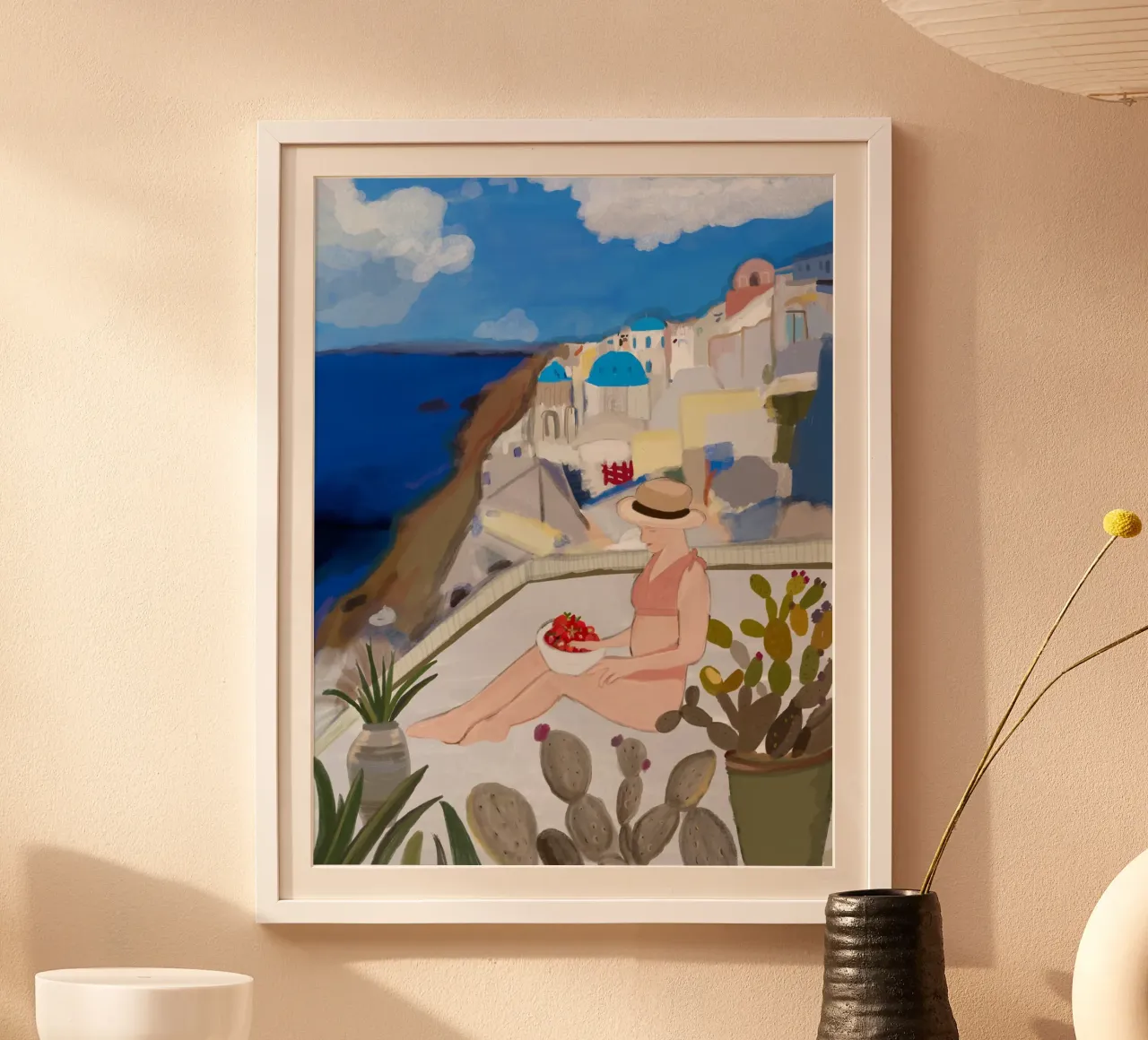 Una donna e Santorini poster con telaio in plastica da gulsengunel