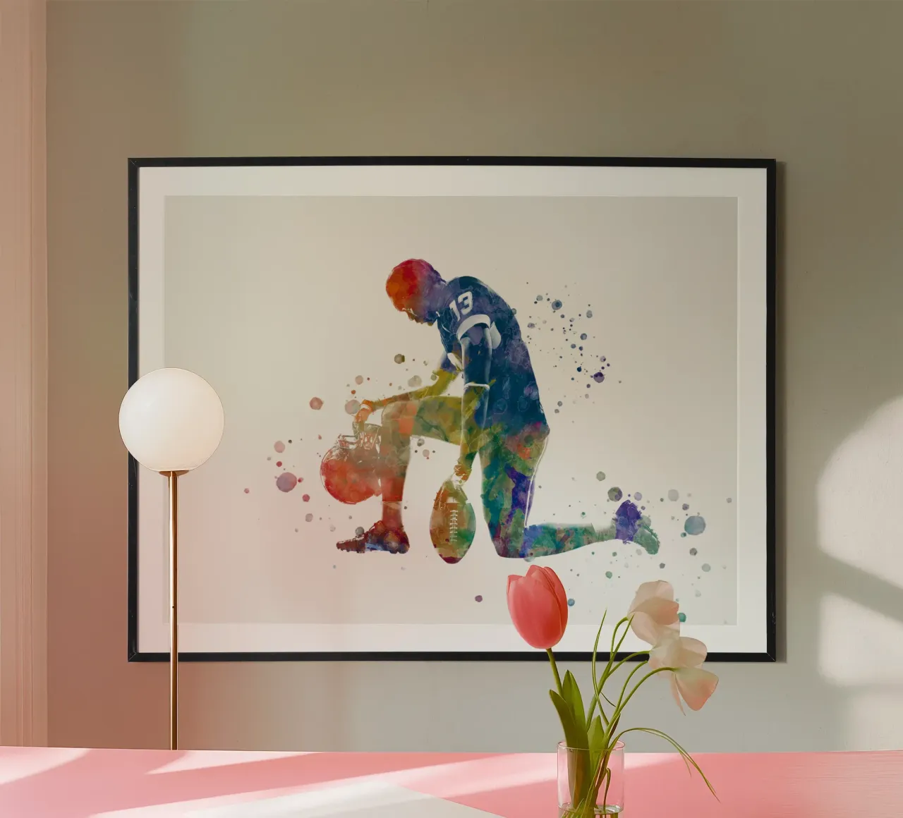 Giocatore di football americano in acquerello poster con telaio in alluminio da ⚽ Sports Pulse
