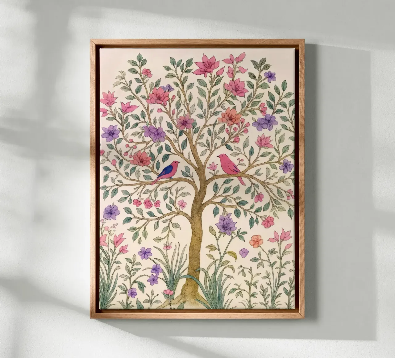 Albero della vita vintage botanico floreale di primavera con uccelli rosa tela con Cornice a cassetta da Gentle Echoes Art