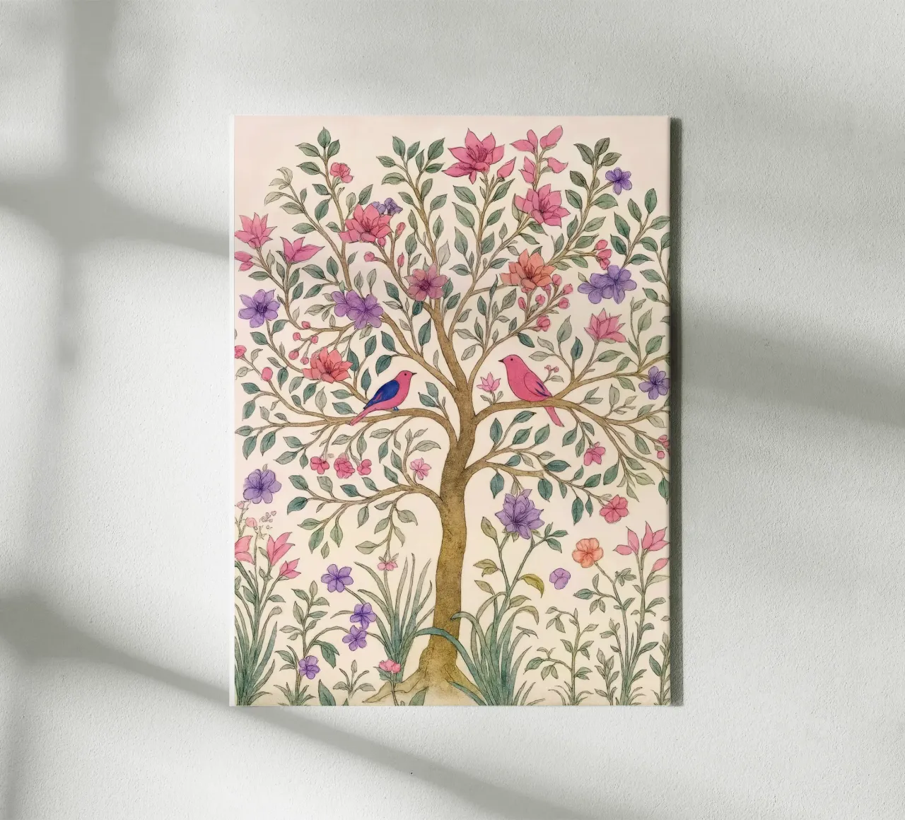 Albero della vita vintage botanico floreale di primavera con uccelli rosa tela con Cornice a cassetta da Gentle Echoes Art