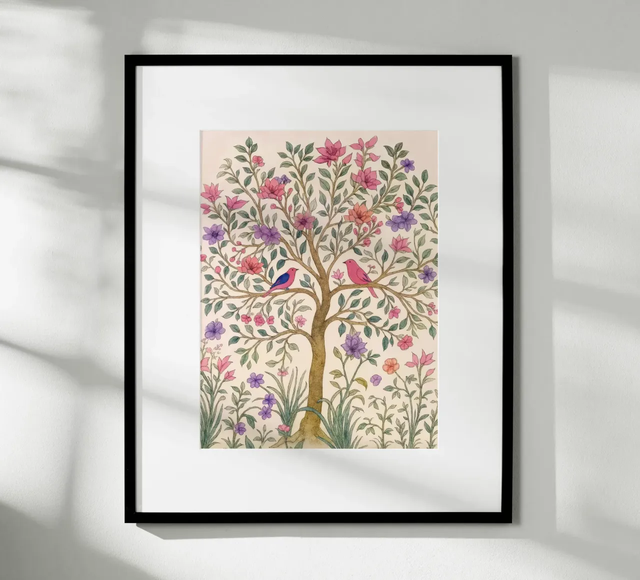 Albero della vita vintage botanico floreale di primavera con uccelli rosa poster con telaio in plastica da Gentle Echoes Art