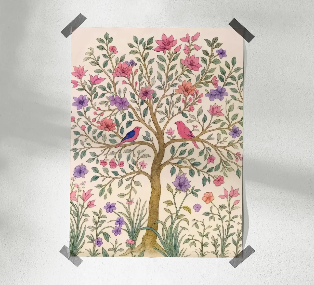 Albero della vita vintage botanico floreale di primavera con uccelli rosa poster con telaio in plastica da Gentle Echoes Art