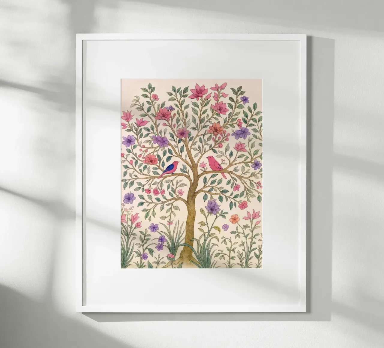 Albero della vita vintage botanico floreale di primavera con uccelli rosa poster con telaio in plastica da Gentle Echoes Art
