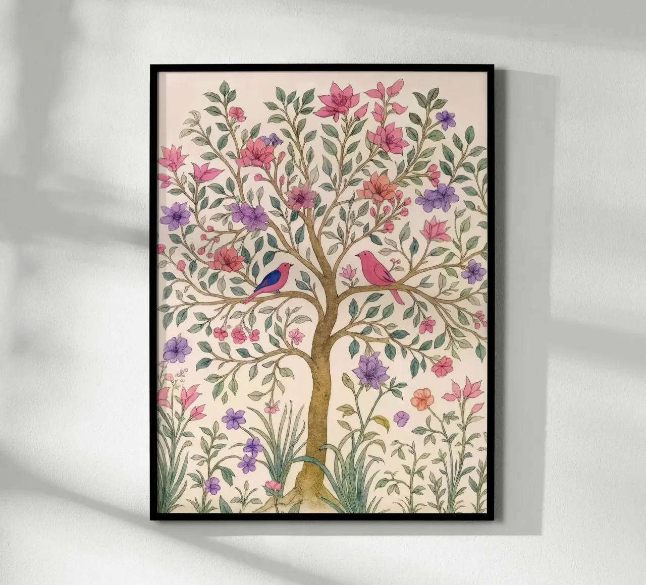 Albero della vita vintage botanico floreale di primavera con uccelli rosa poster con telaio in plastica da Gentle Echoes Art