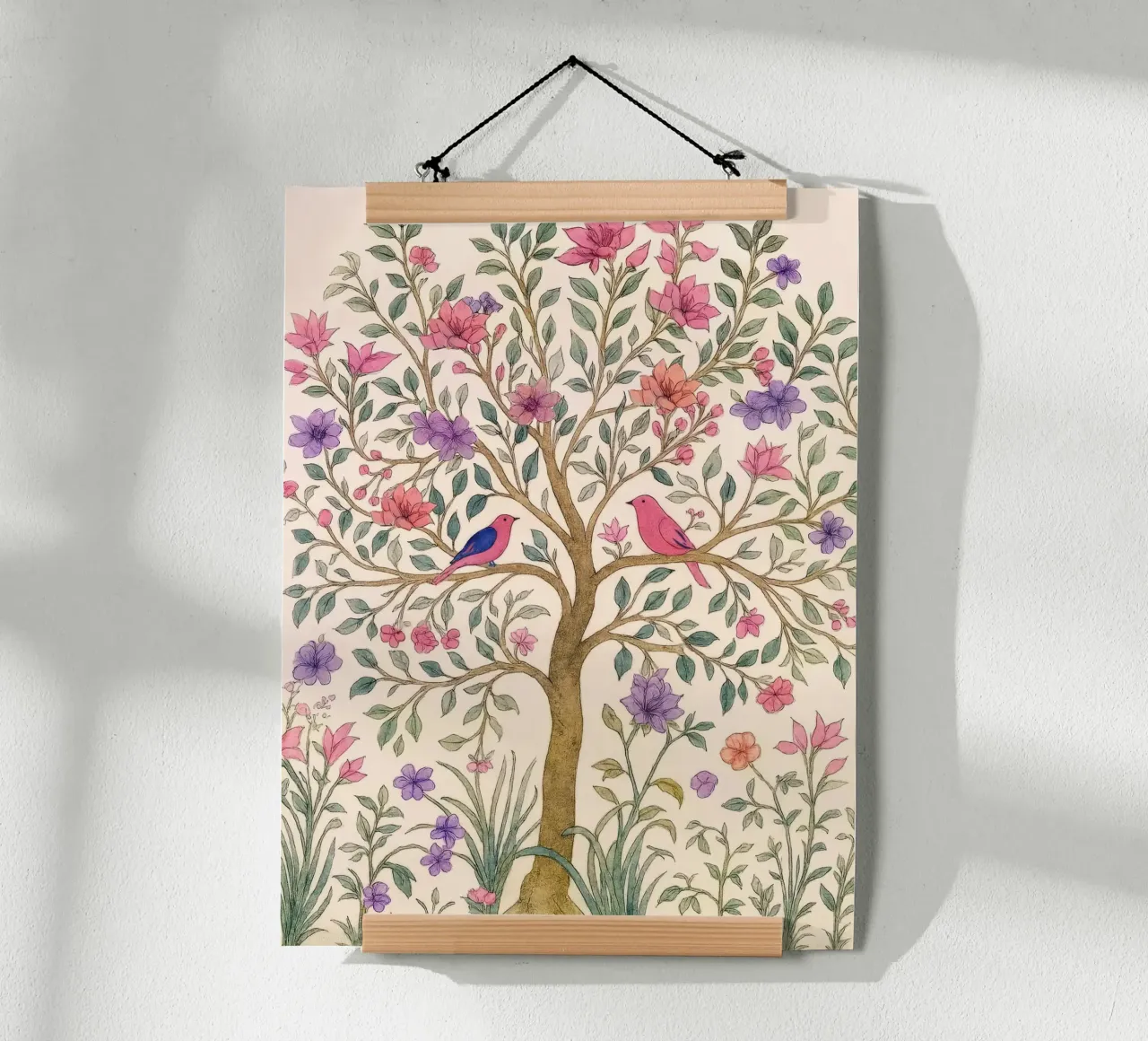 Albero della vita vintage botanico floreale di primavera con uccelli rosa poster con telaio in plastica da Gentle Echoes Art