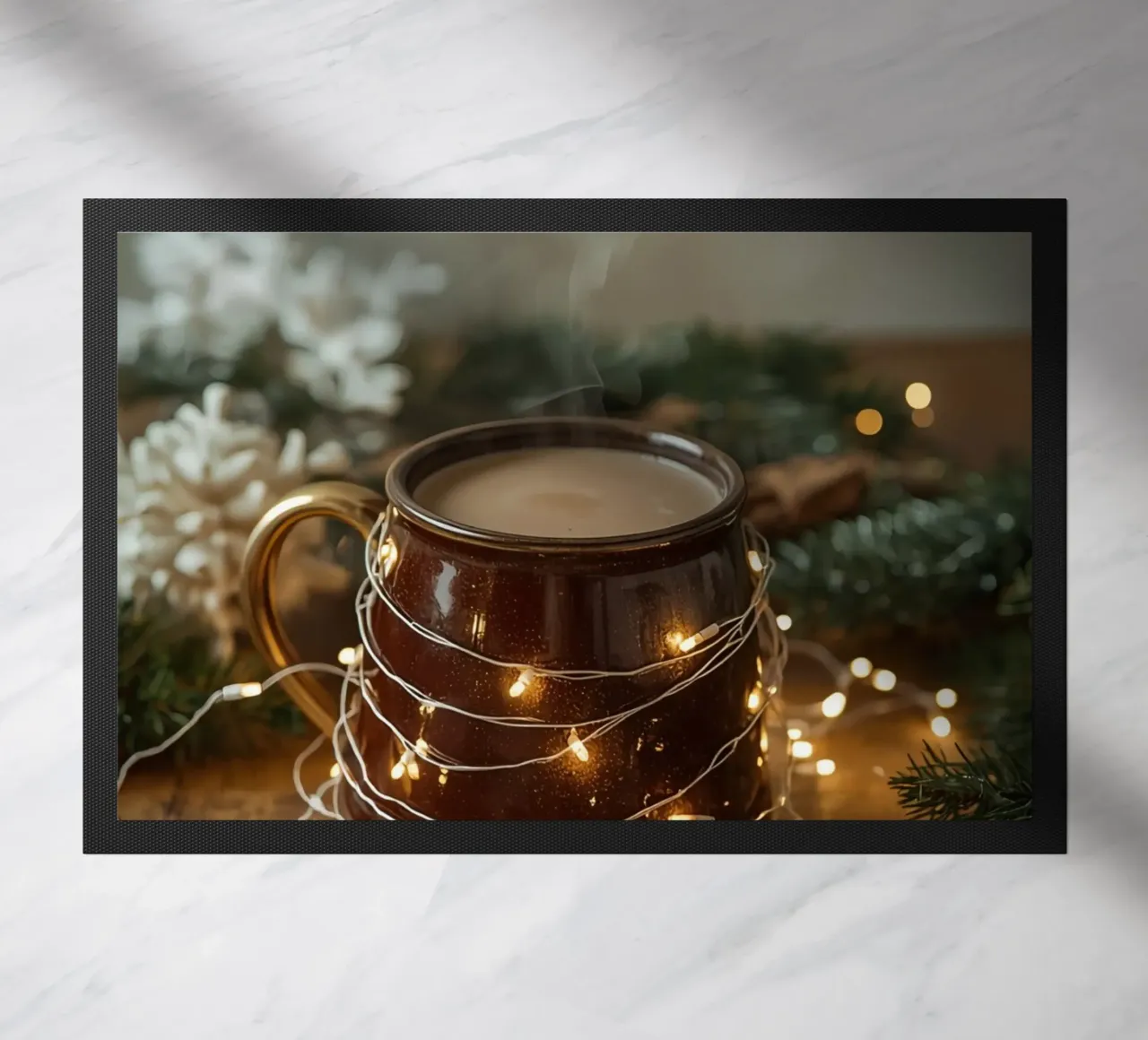 Tazza marrone con fiocchi di neve e sempreverdi luminosi zerbino da DesignDoodle