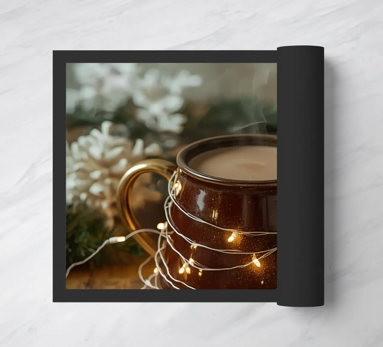 Tazza marrone con fiocchi di neve e sempreverdi luminosi zerbino da DesignDoodle