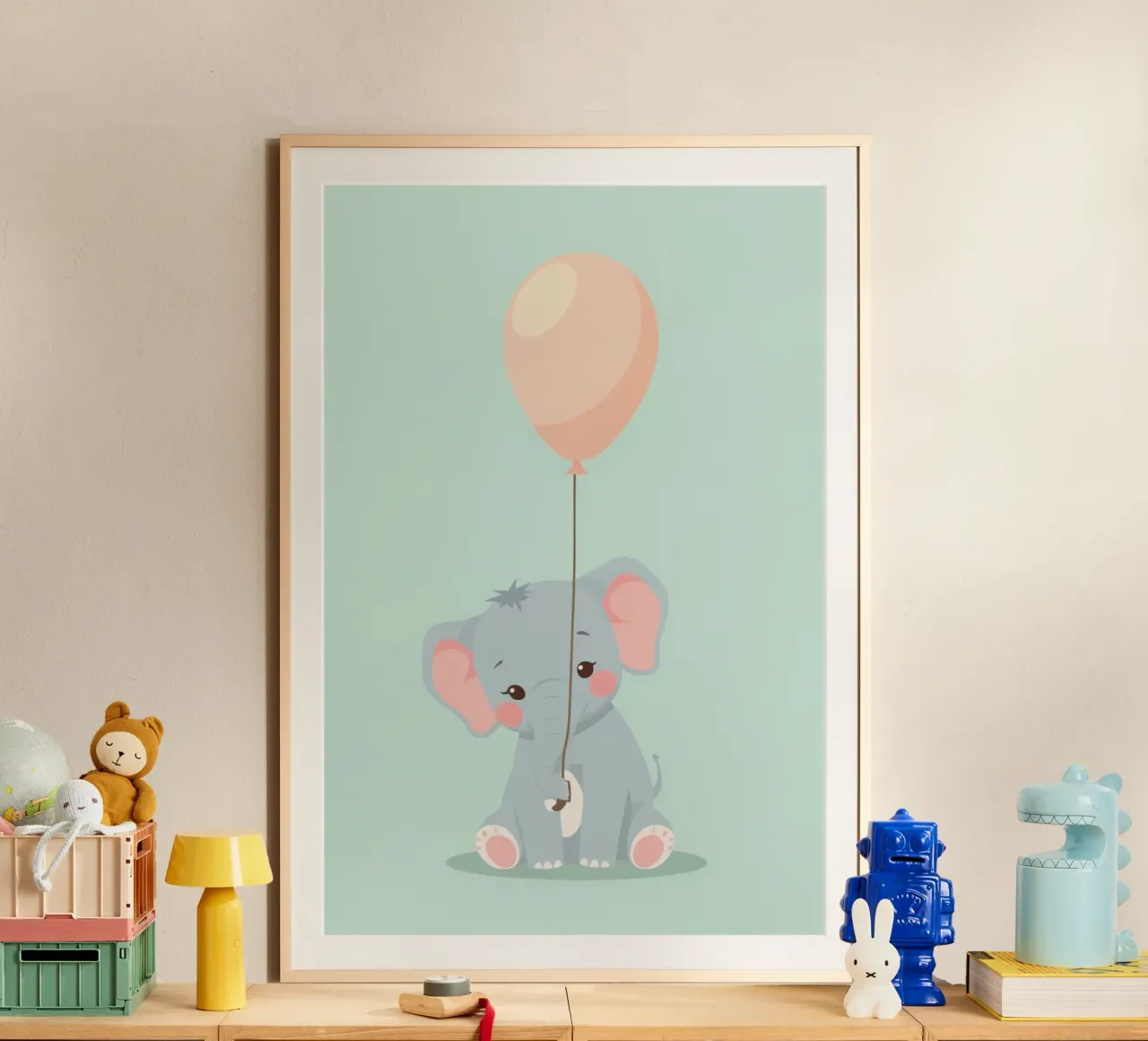 Elefante dei cartoni animati con in mano un palloncino alla pesca poster da DesignDoodle