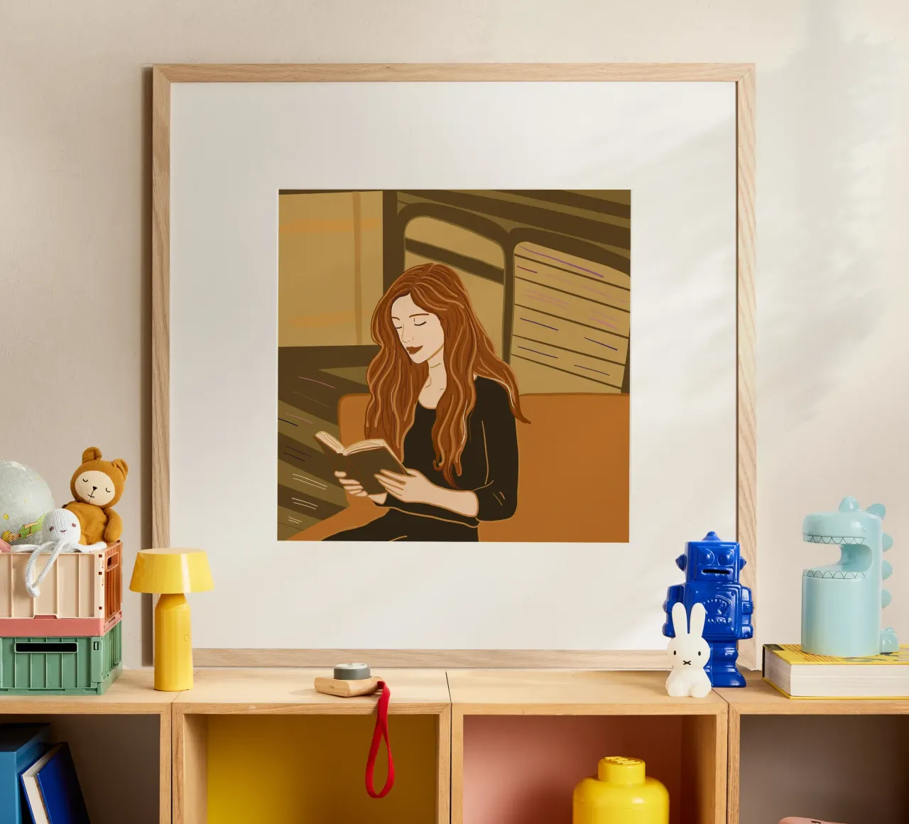 Donna che legge un libro poster con telaio in legno da gulsengunel