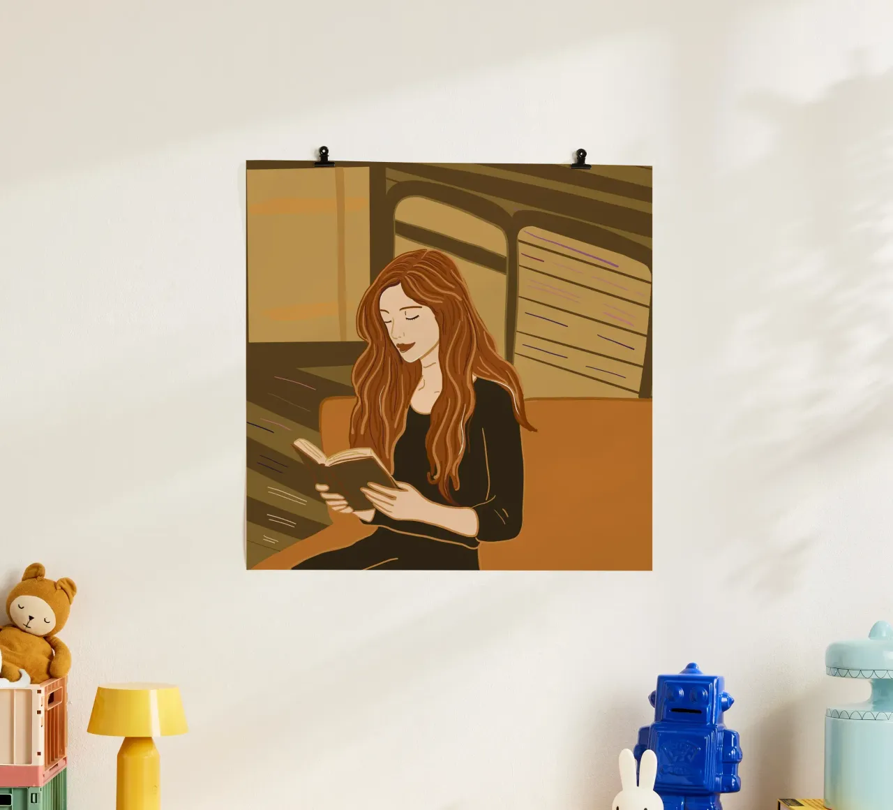 Donna che legge un libro poster con telaio in legno da gulsengunel
