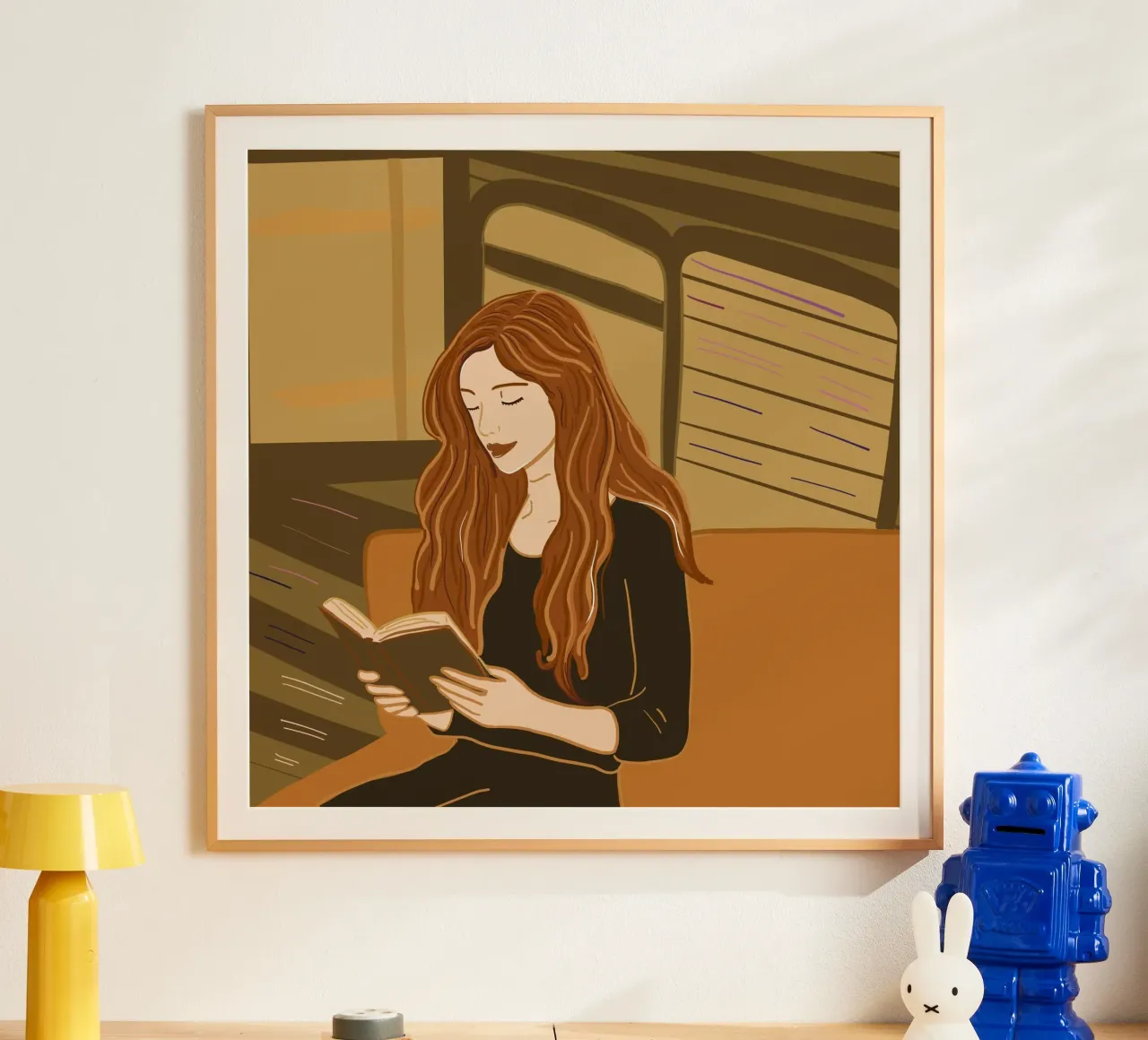 Donna che legge un libro poster con telaio in legno da gulsengunel