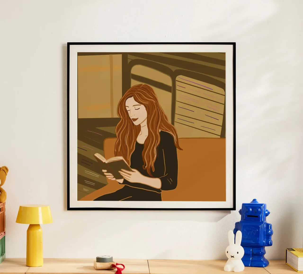 Donna che legge un libro poster con telaio in legno da gulsengunel