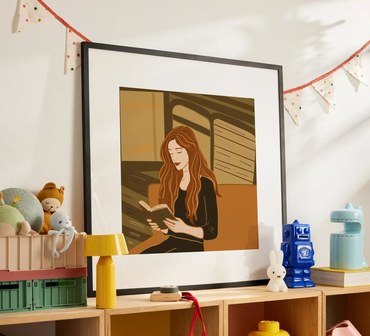 Donna che legge un libro poster con telaio in legno da gulsengunel