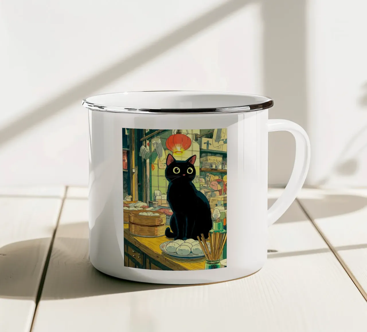 Gatto nero in ristorante giapponese tazza in smalto da Stellar Creative