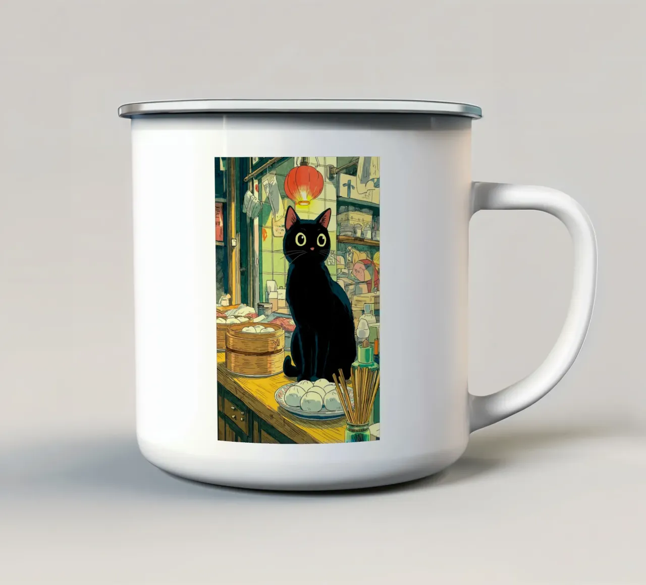Gatto nero in ristorante giapponese tazza in smalto da Stellar Creative