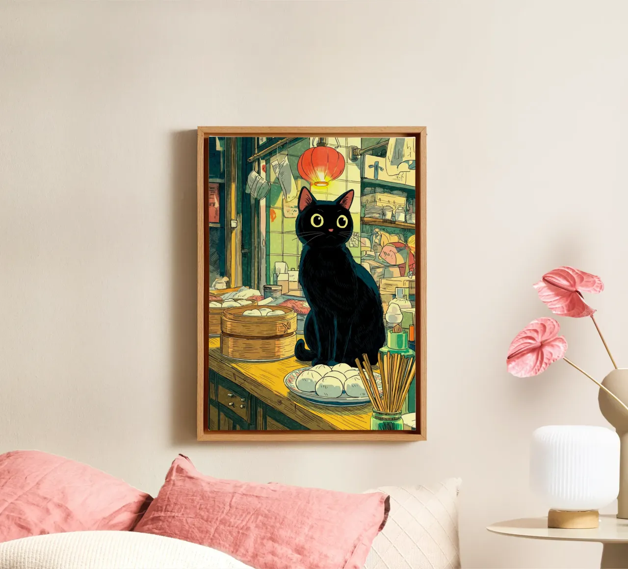 Gatto nero in ristorante giapponese tela con Cornice a cassetta da Stellar Creative