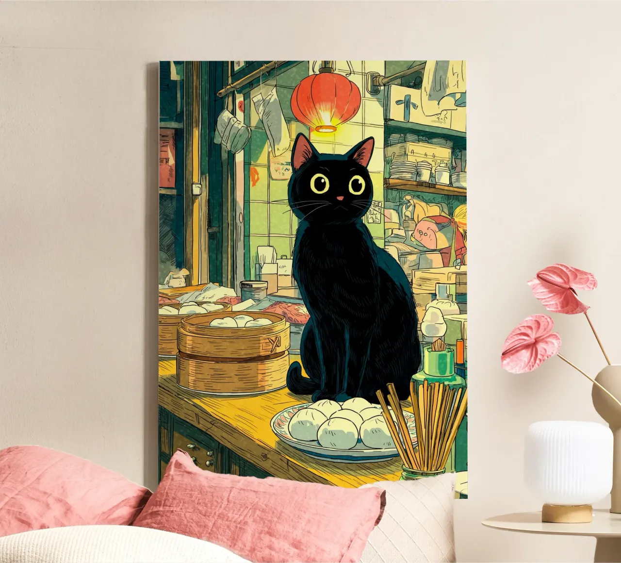 Gatto nero in ristorante giapponese tela con Cornice a cassetta da Stellar Creative