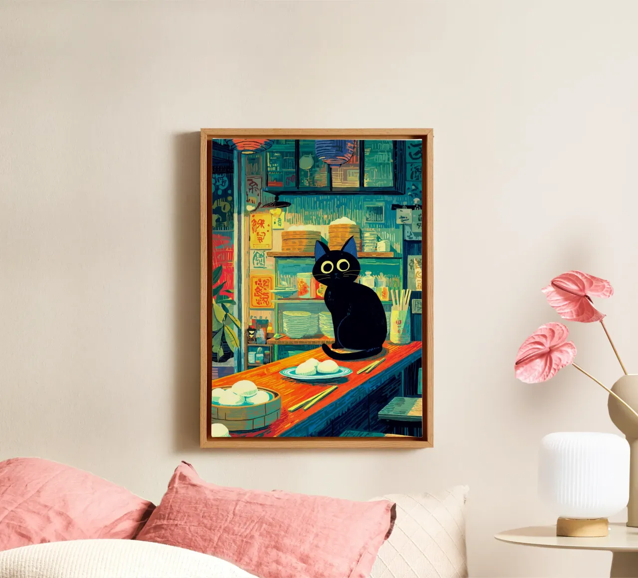 Gatto nero in ristorante giapponese tela con Cornice a cassetta da Stellar Creative