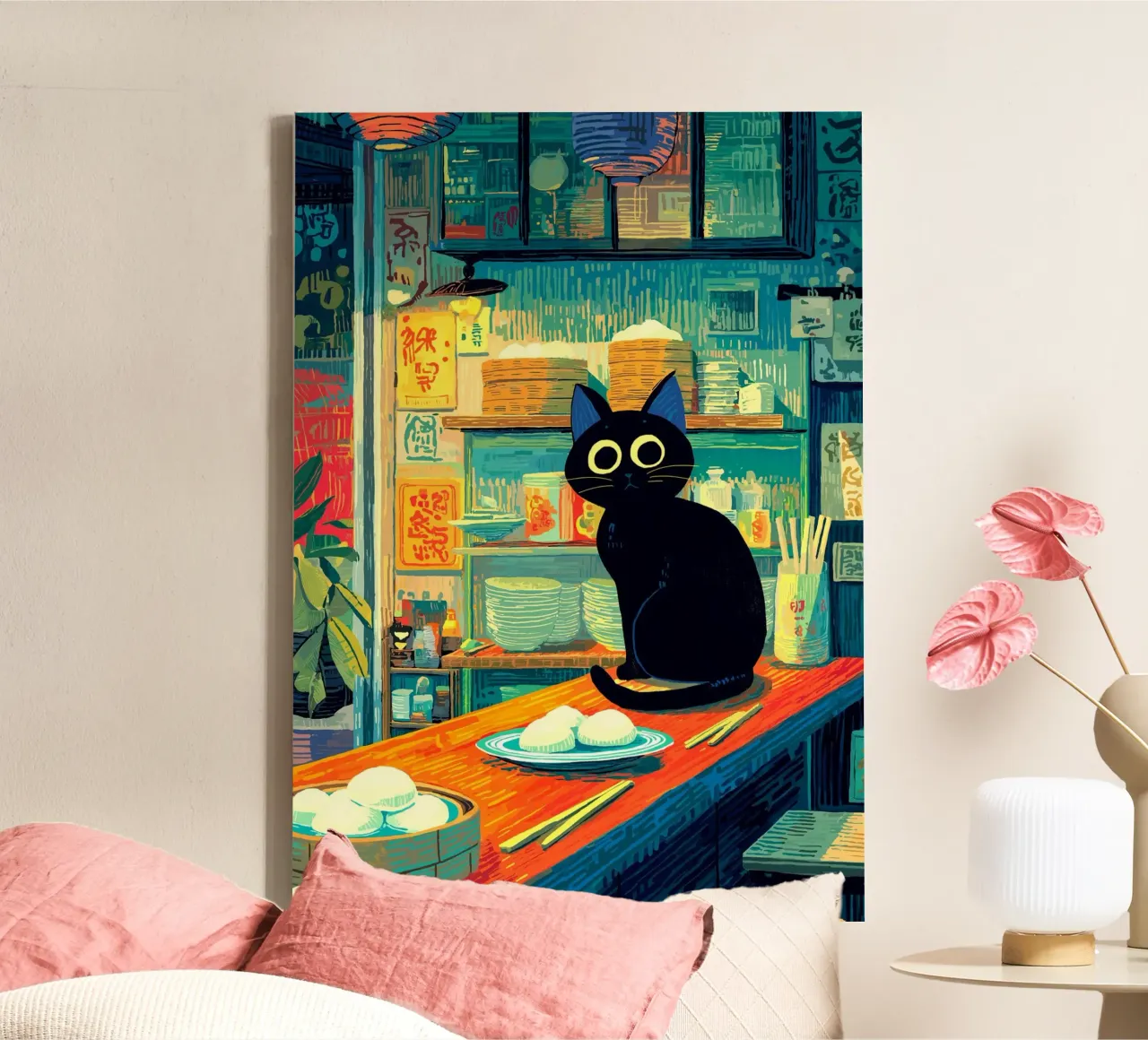 Gatto nero in ristorante giapponese tela con Cornice a cassetta da Stellar Creative