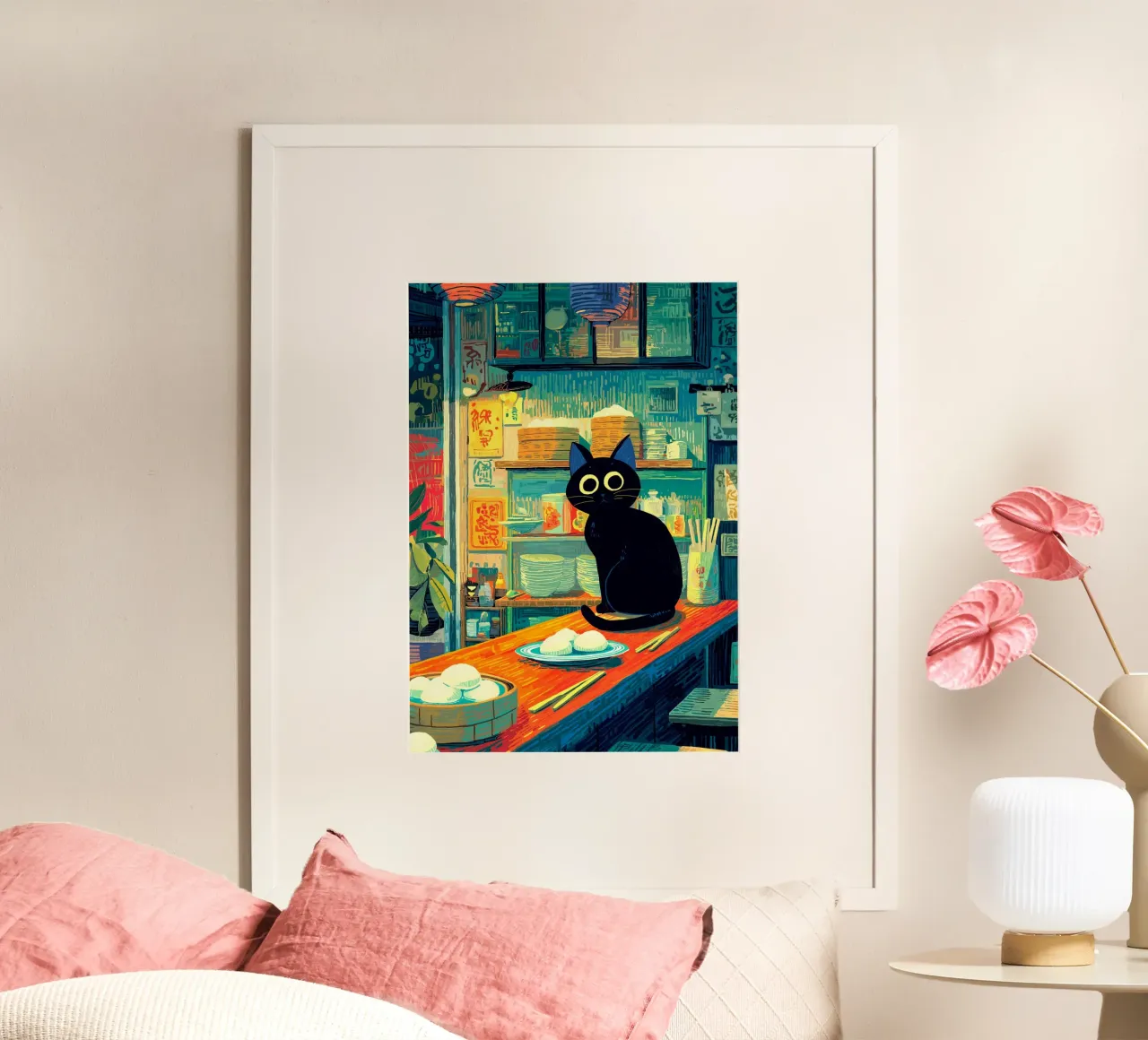 Gatto nero in ristorante giapponese poster da Stellar Creative