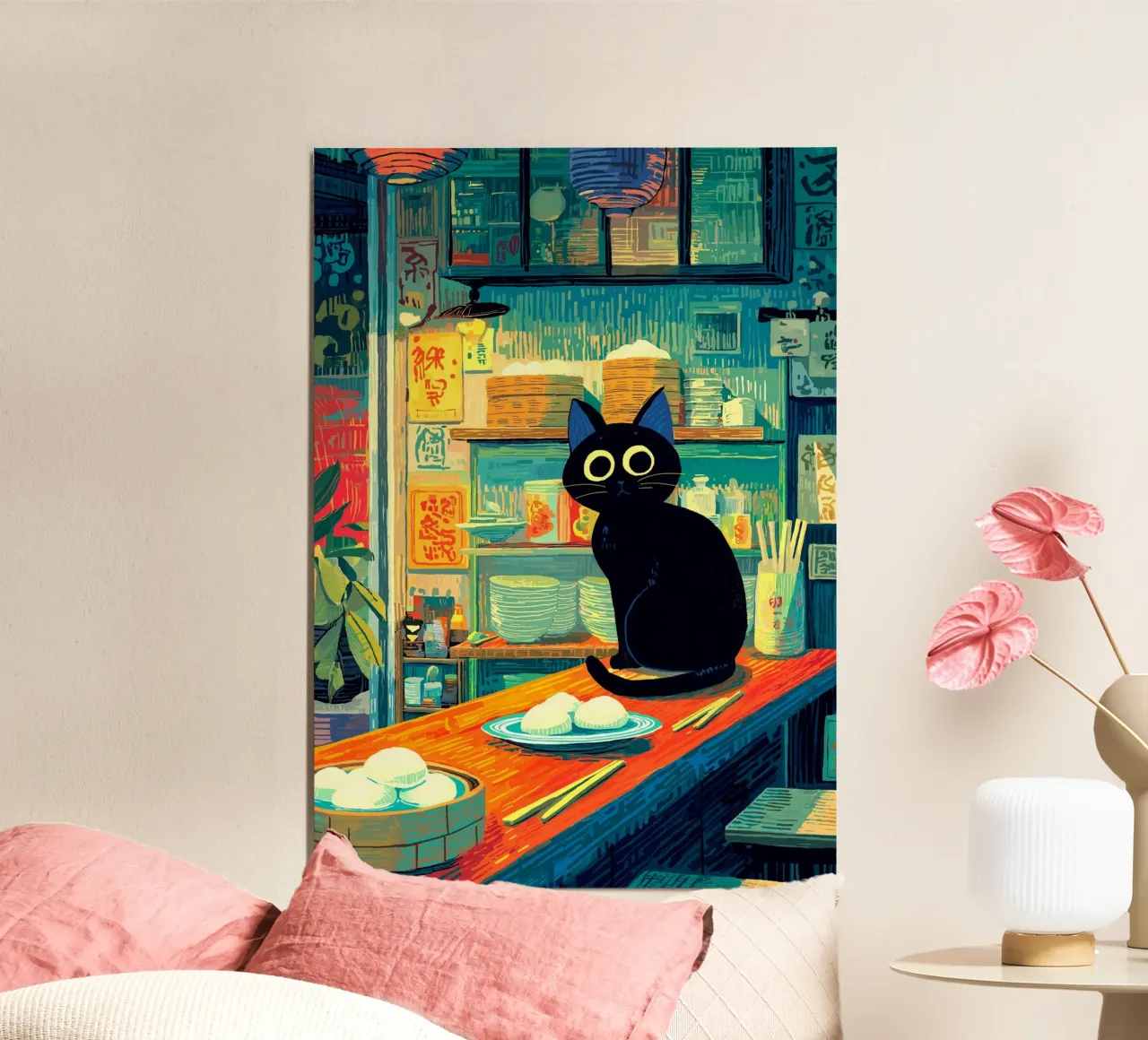 Gatto nero in ristorante giapponese poster da Stellar Creative