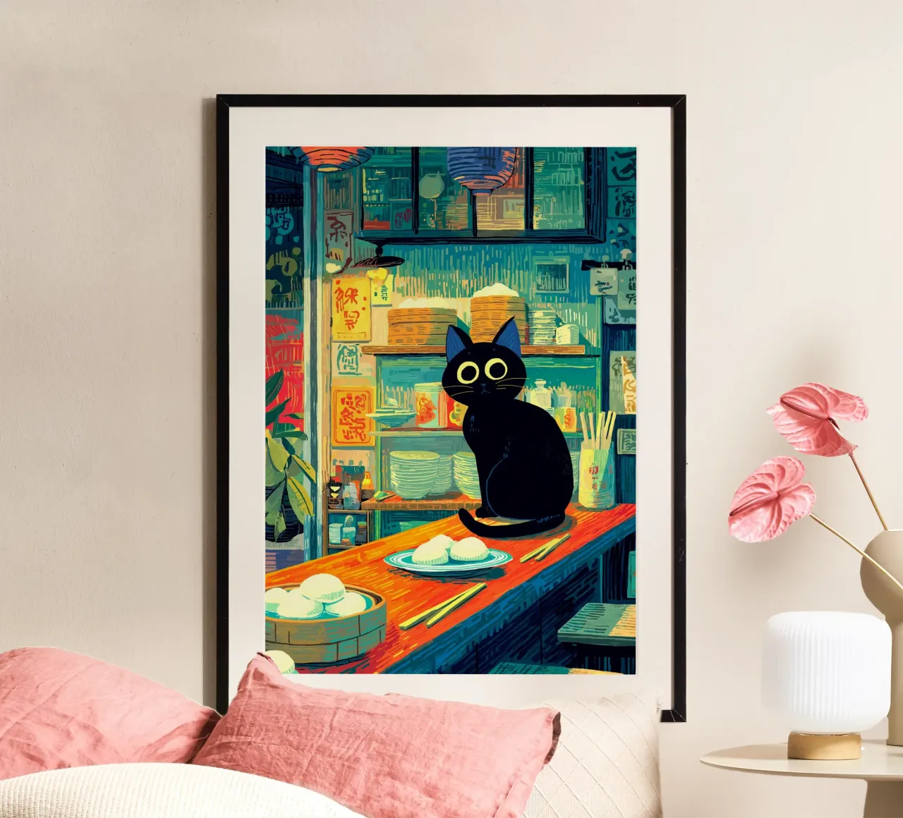 Gatto nero in ristorante giapponese poster da Stellar Creative