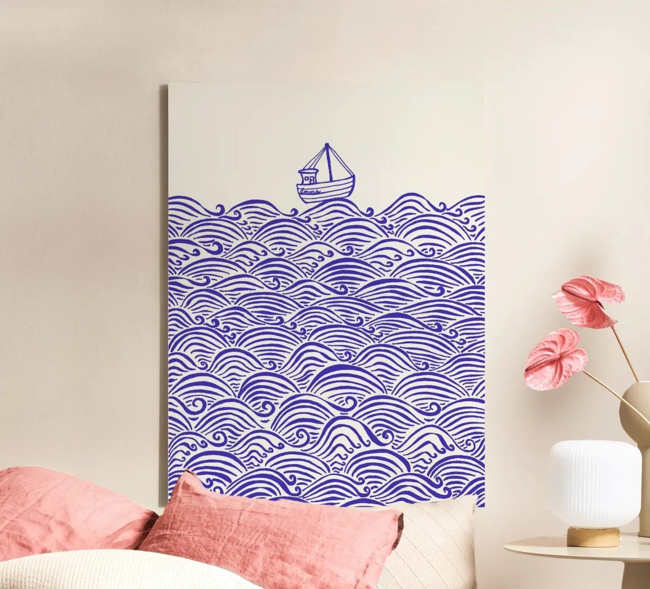 Boot op golven - blauw canvas met Baklijst van PaperLine Art