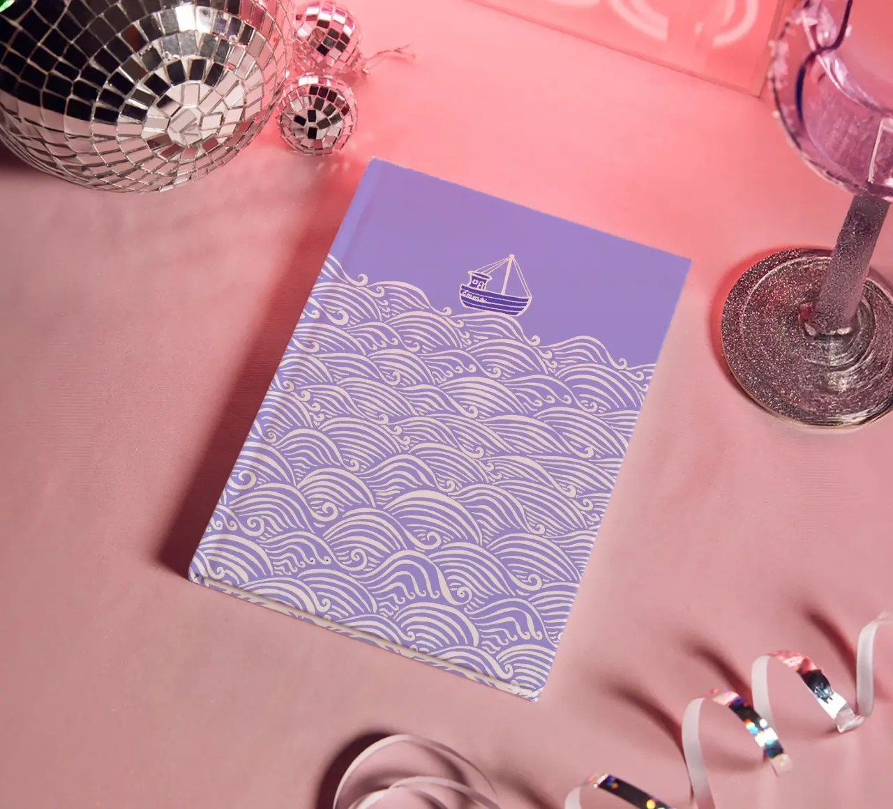 Boat in the waves - Violet white notebook by PaperLine Art