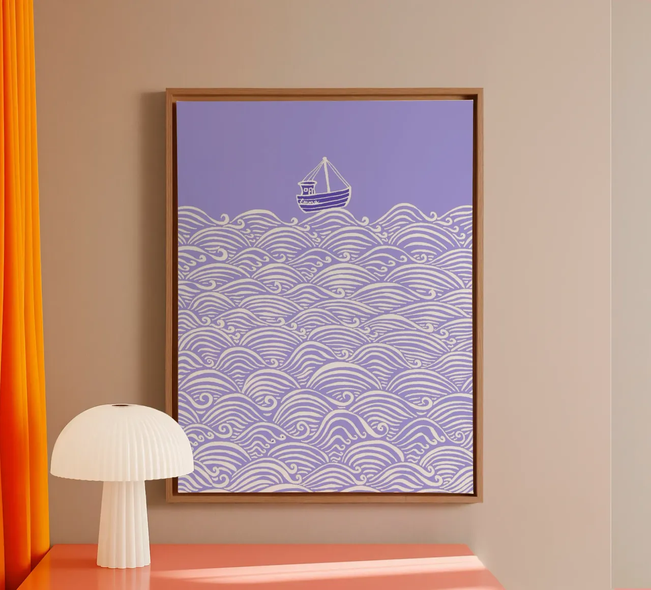 Boot in de golven - Paars-wit canvas met Baklijst van PaperLine Art