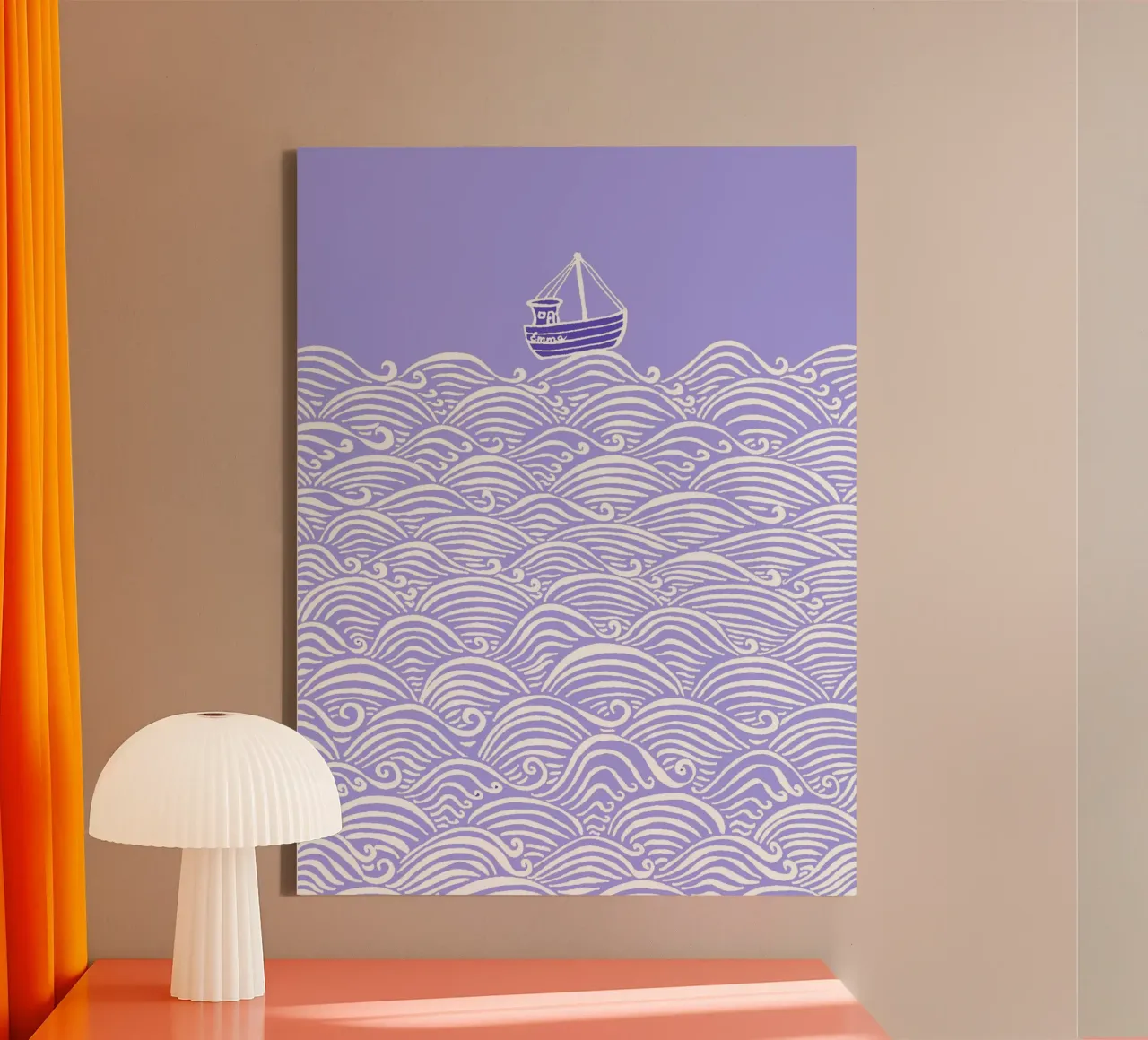 Boot in de golven - Paars-wit canvas met Baklijst van PaperLine Art