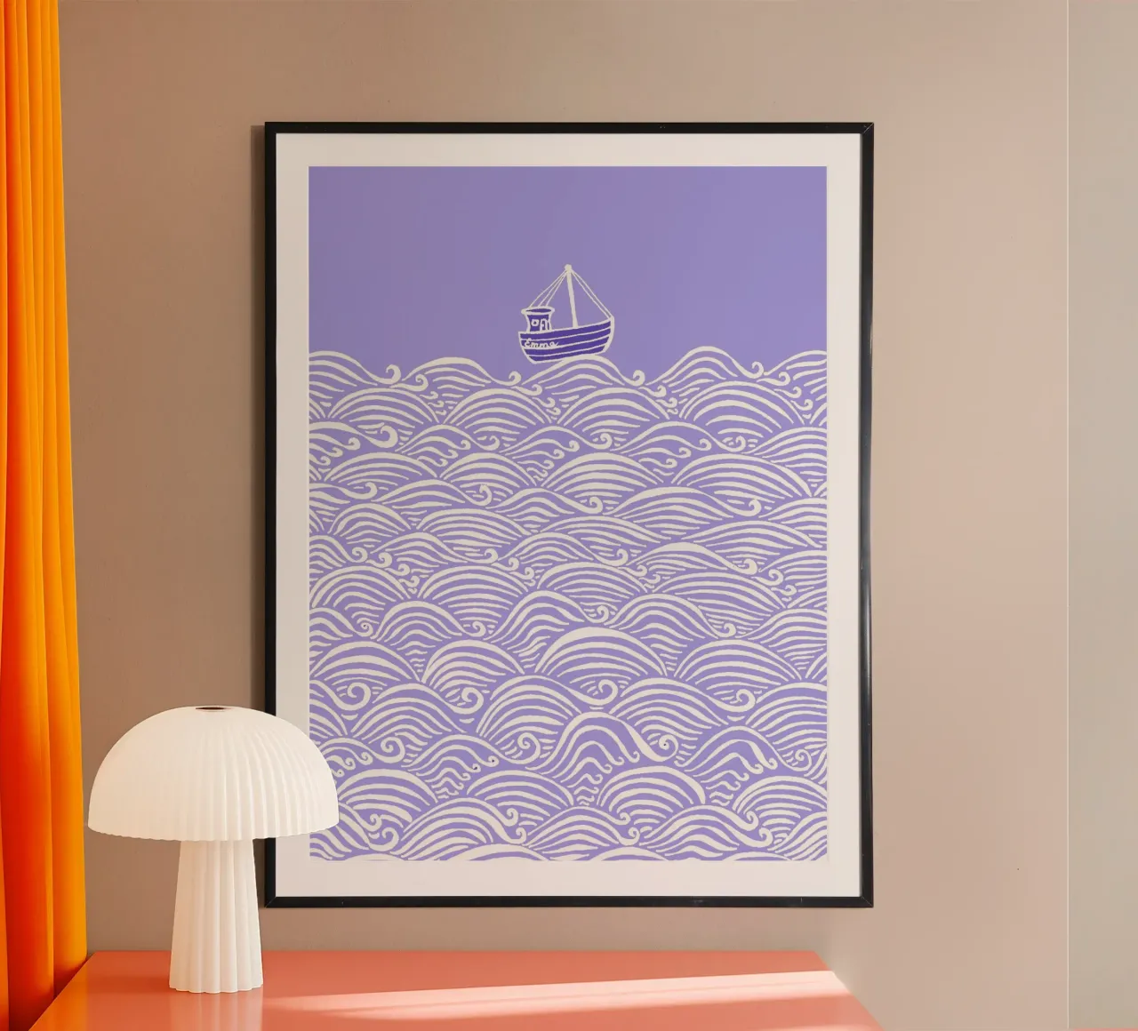 Boot in de golven - Paars-wit poster van PaperLine Art