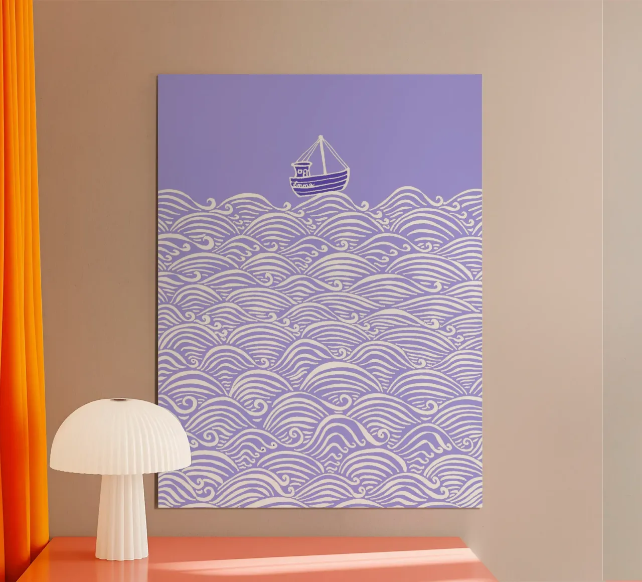 Boot in de golven - Paars-wit poster van PaperLine Art