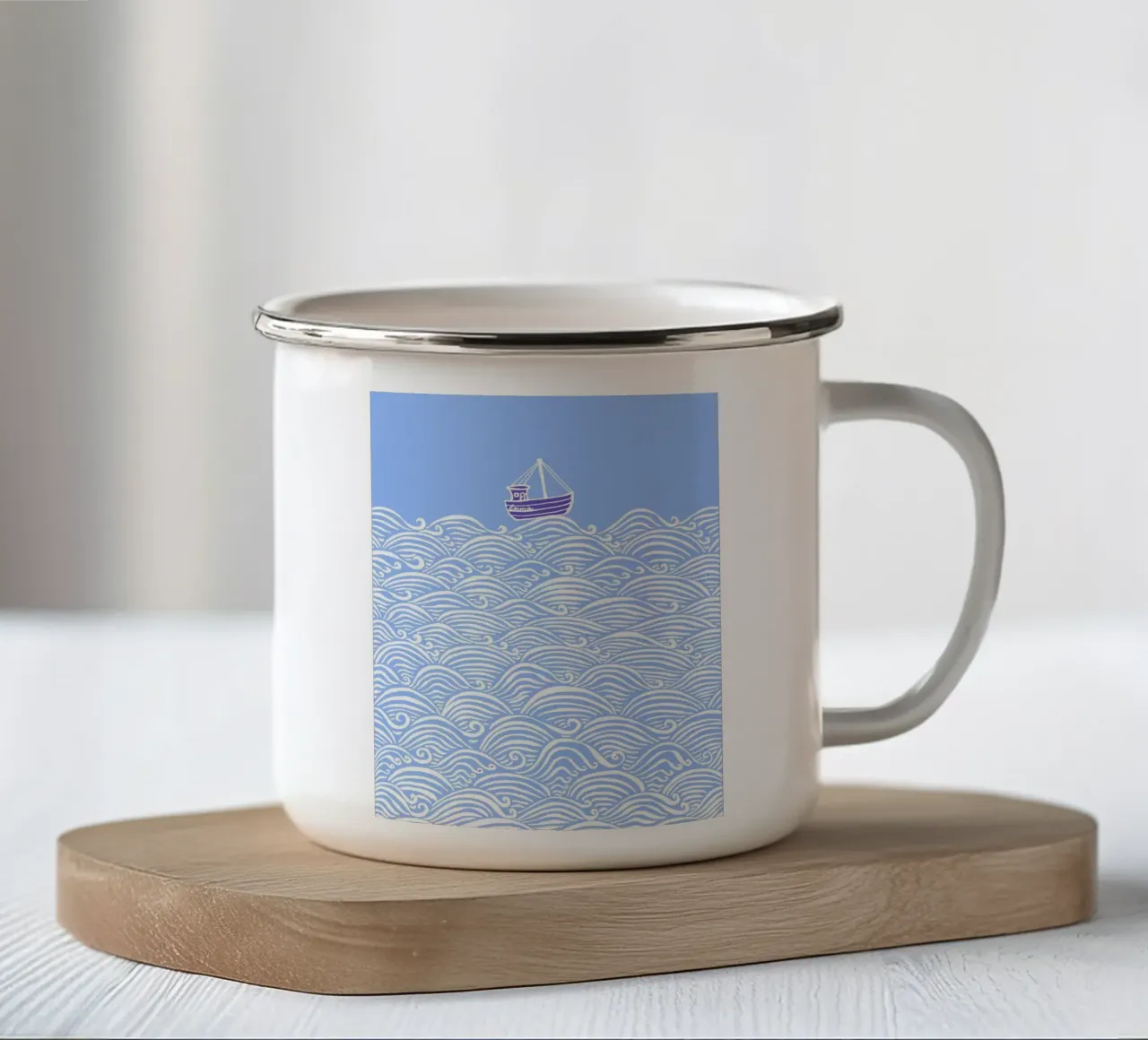Barca sulle onde - azzurro tazza in smalto da PaperLine Art