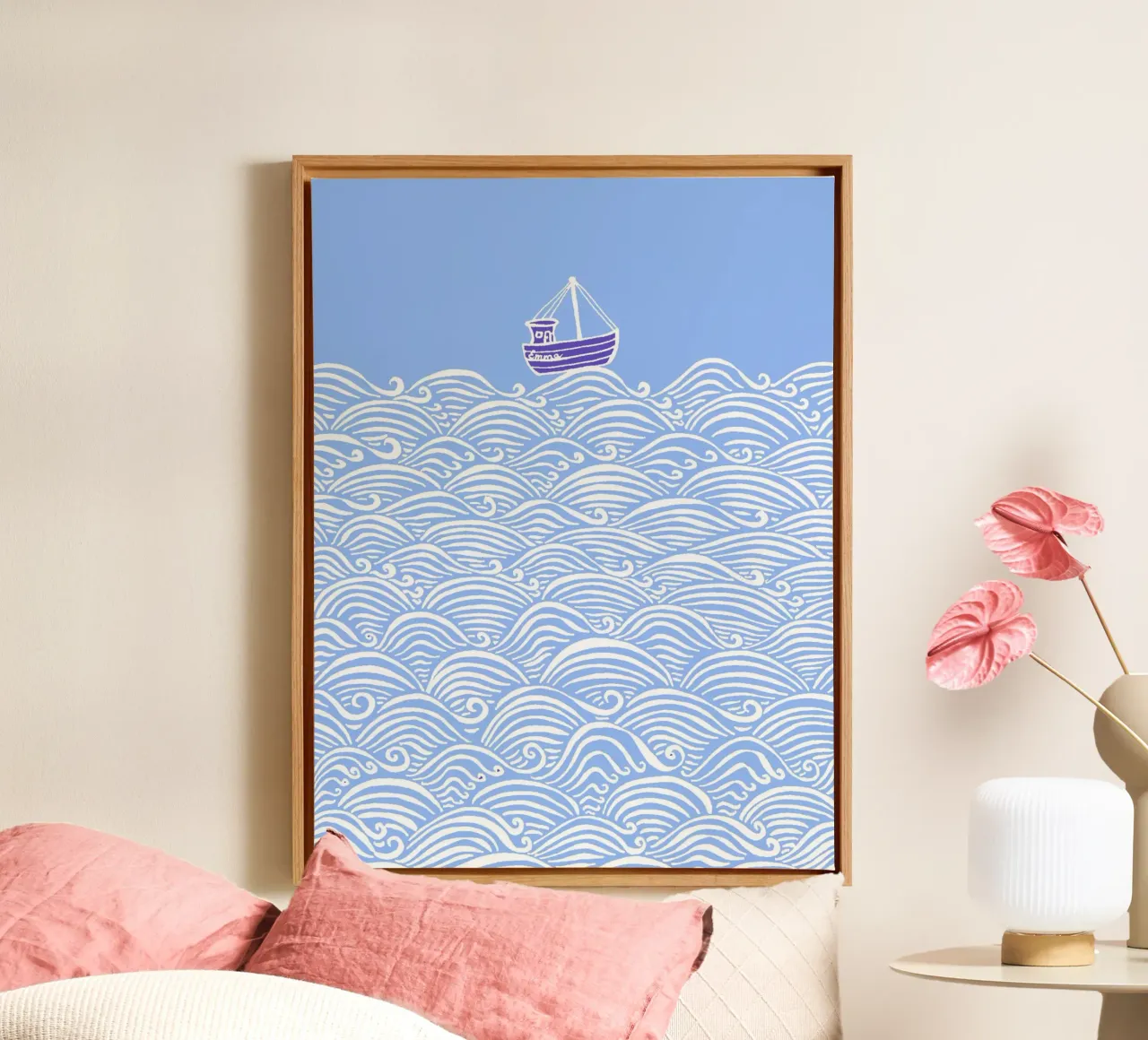 Boot op golven - lichtblauw canvas met Baklijst van PaperLine Art