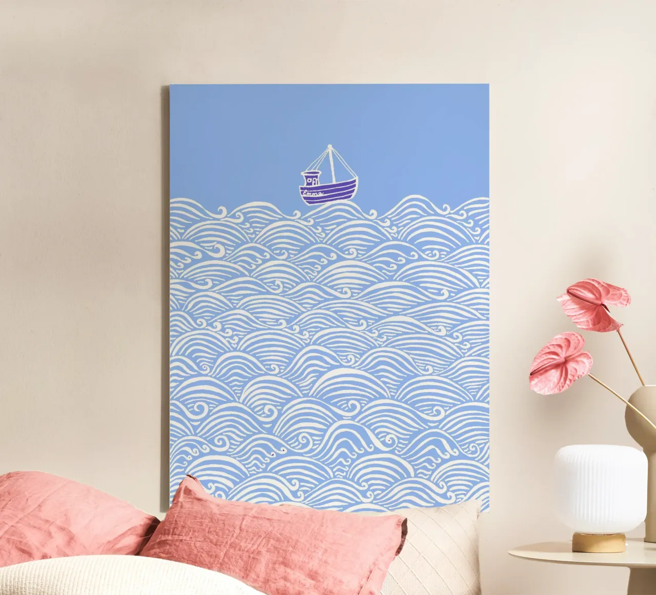Boot op golven - lichtblauw canvas met Baklijst van PaperLine Art