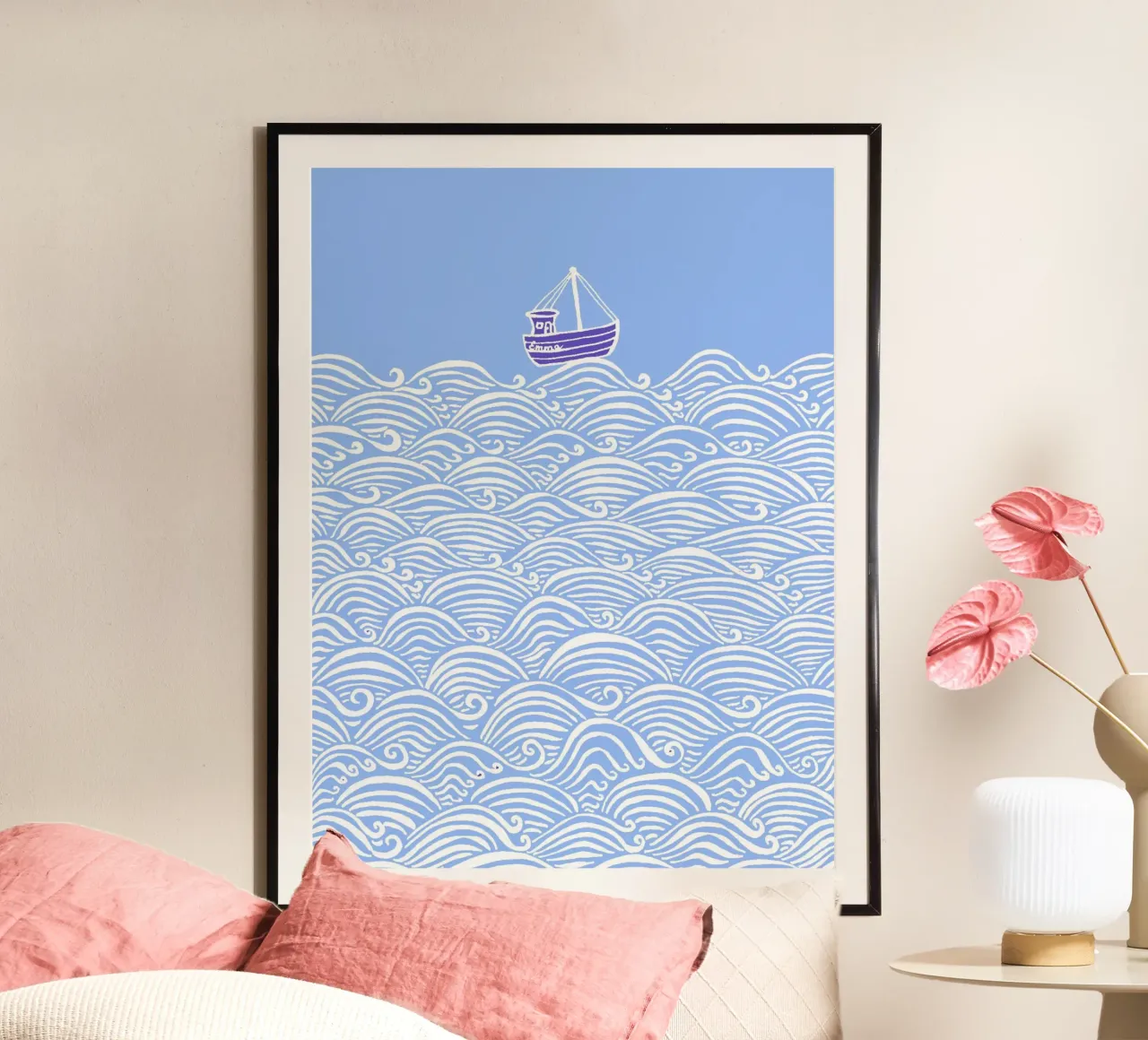 Boot op golven - lichtblauw poster van PaperLine Art