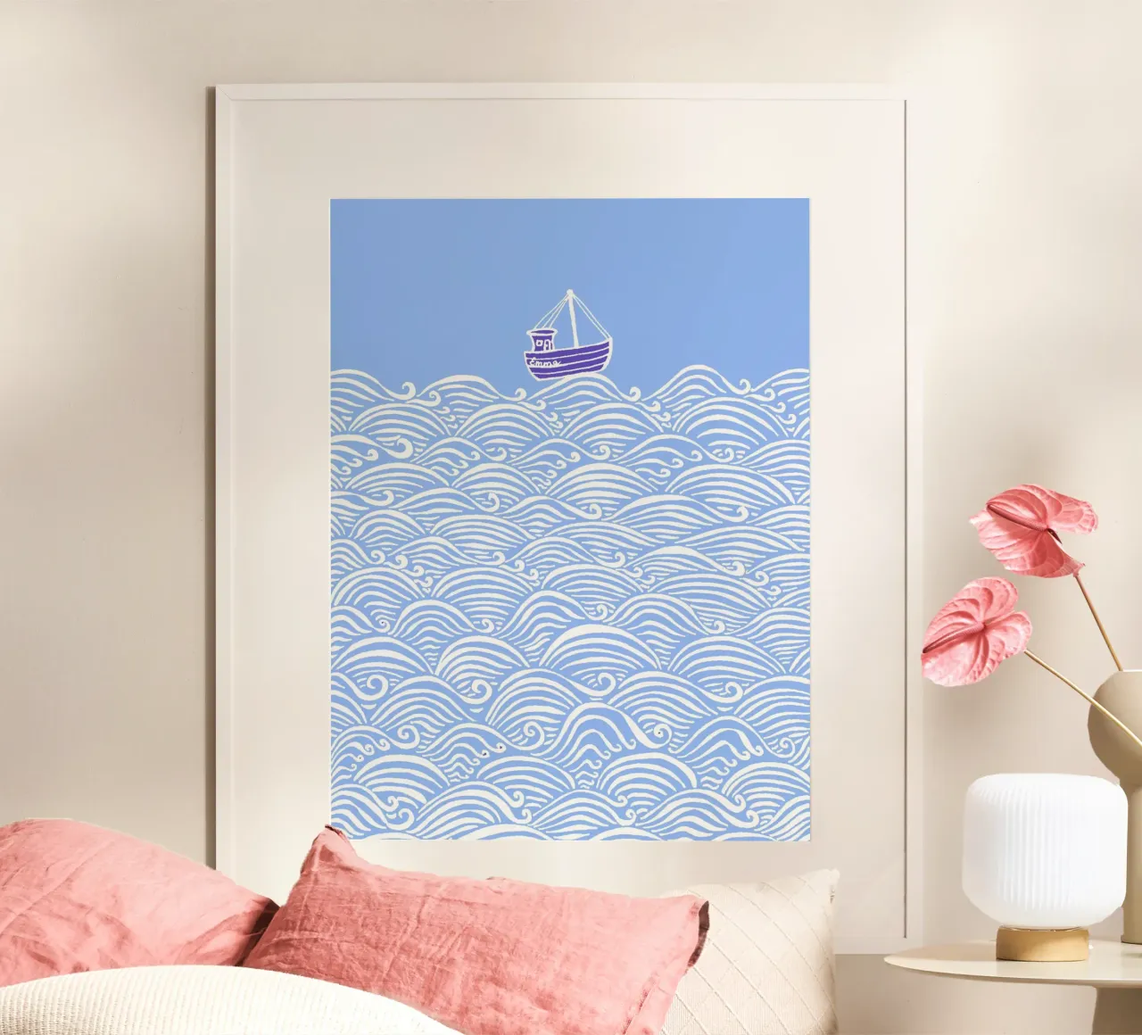 Boot op golven - lichtblauw poster van PaperLine Art