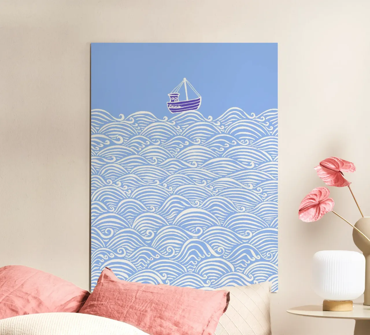 Boot op golven - lichtblauw poster van PaperLine Art