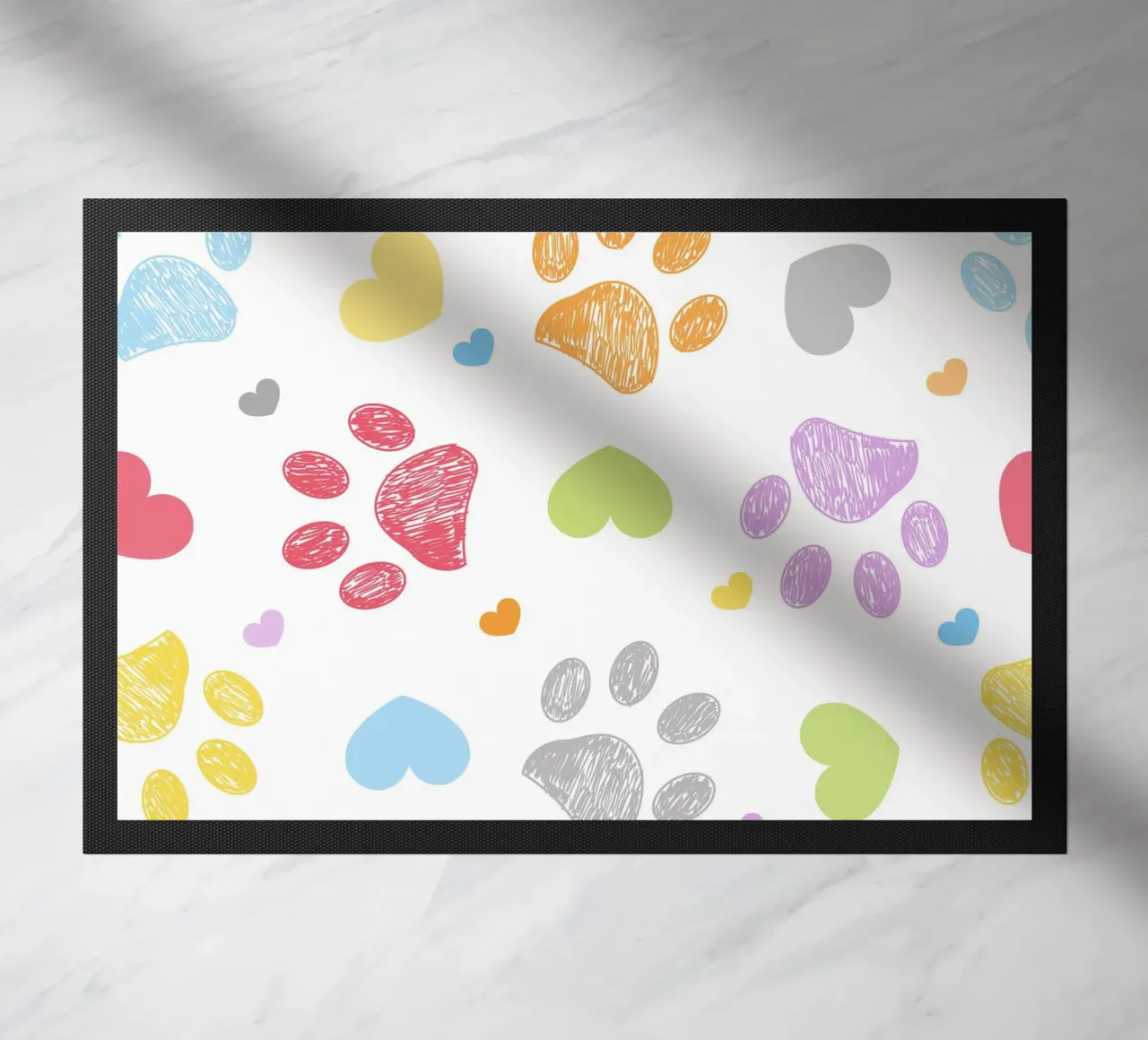 Doodle colorful paw print with hearts doormat by gulsengunel
