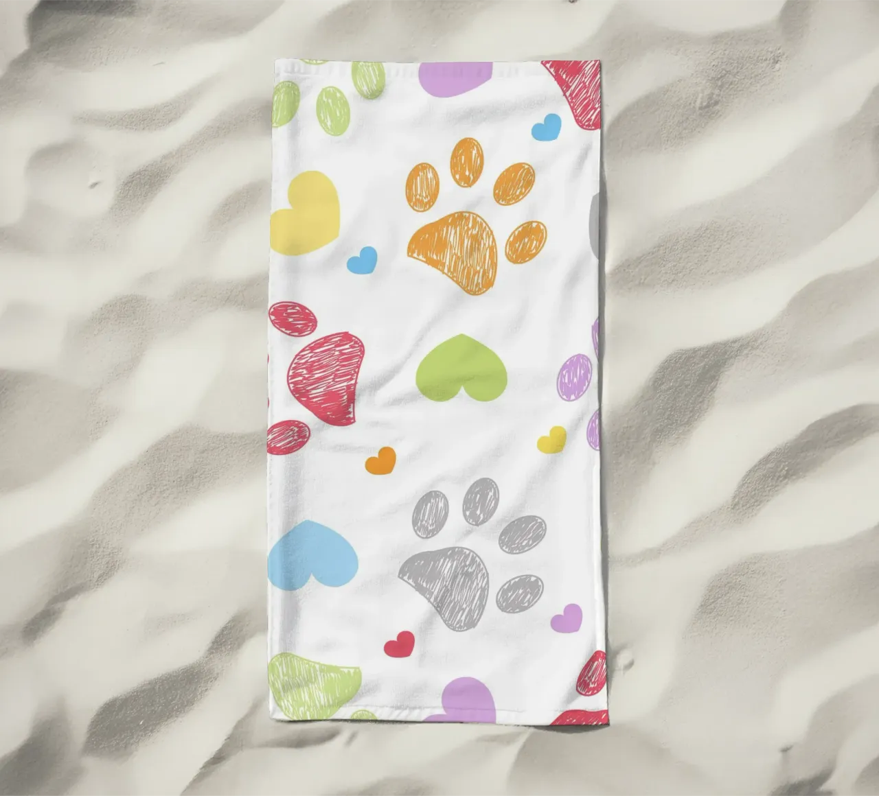 Doodle colorful paw print with hearts beach towel by gulsengunel