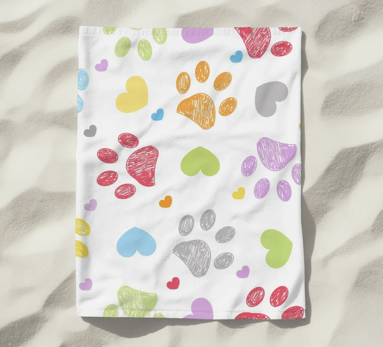 Doodle colorful paw print with hearts beach towel by gulsengunel