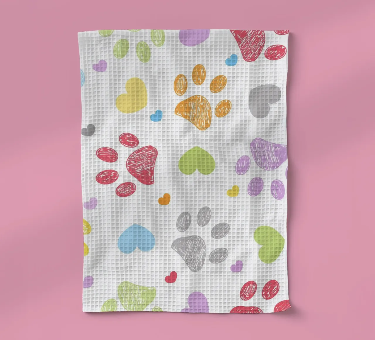 Doodle colorful paw print with hearts tea towel by gulsengunel