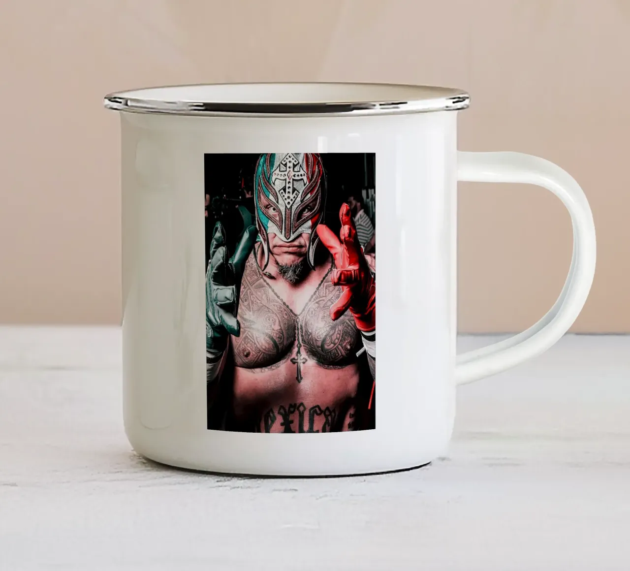 Rey Mysterio tazza in smalto da Musadad Shop