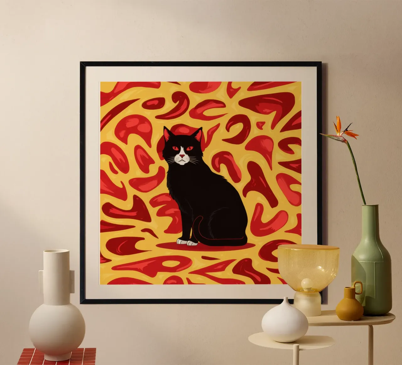 Gatto cremisi a vortice poster con telaio in legno da Scaller Stars